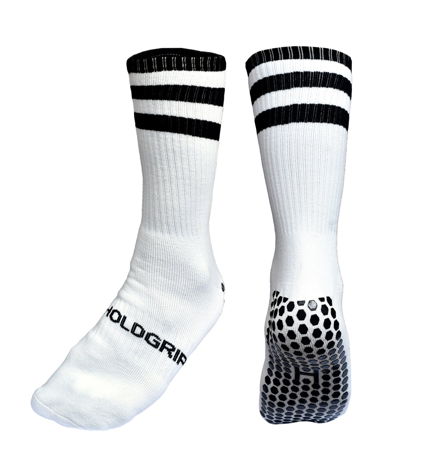 White socks with black stripes and sole pattern on a white background