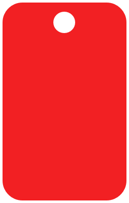 A red anodized aluminum club tag with a silver club crest, attached to a loop, displayed against a marble background.