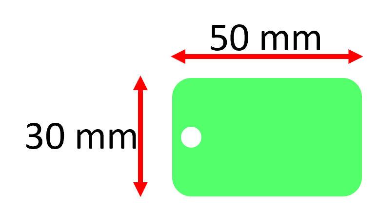 A green anodized aluminum club tag with dimensions 50mm long x 30mm wide, featuring a small circular cut-out in the center.