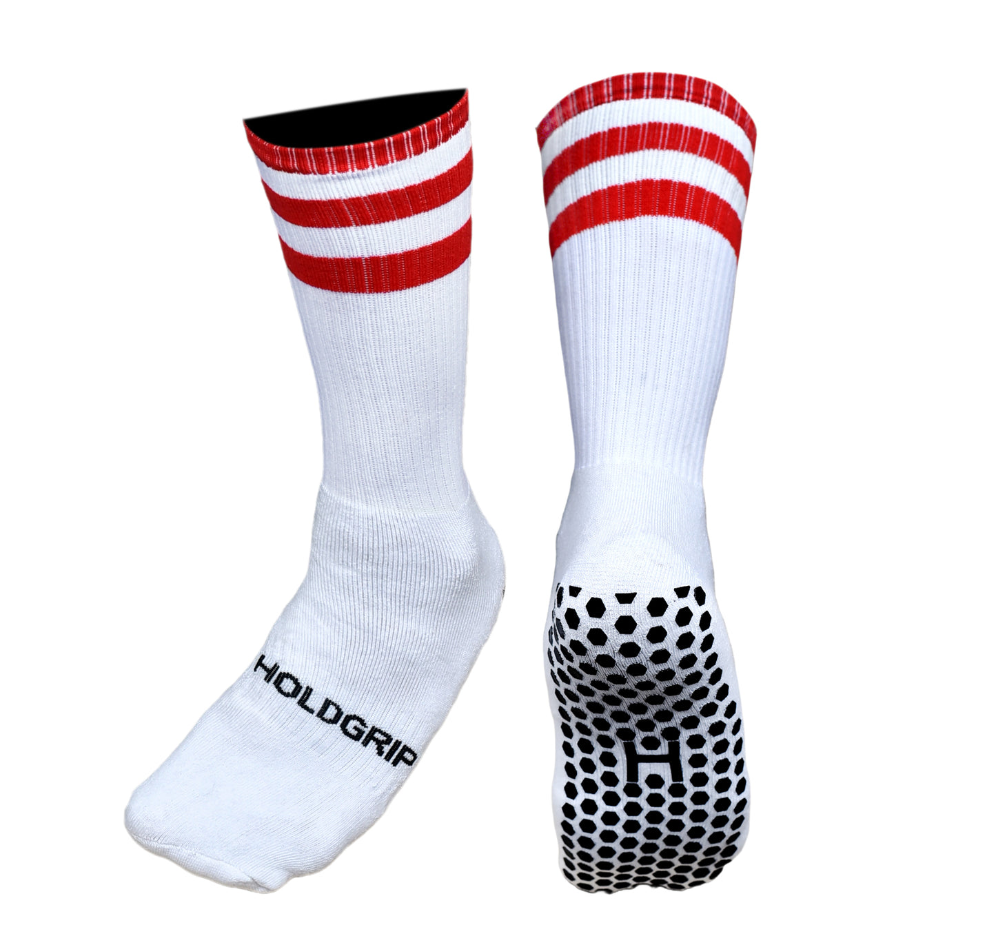 White socks with red stripes and black grip pattern on a white background