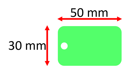 A green anodized aluminum club tag with dimensions 50mm long x 30mm wide, featuring a small circular cut-out in the center.