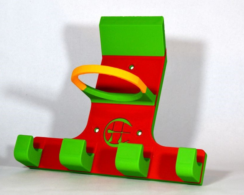 A 3D-printed hurling camogie holder in red and green and yellow colours. photographed against a plain white background.