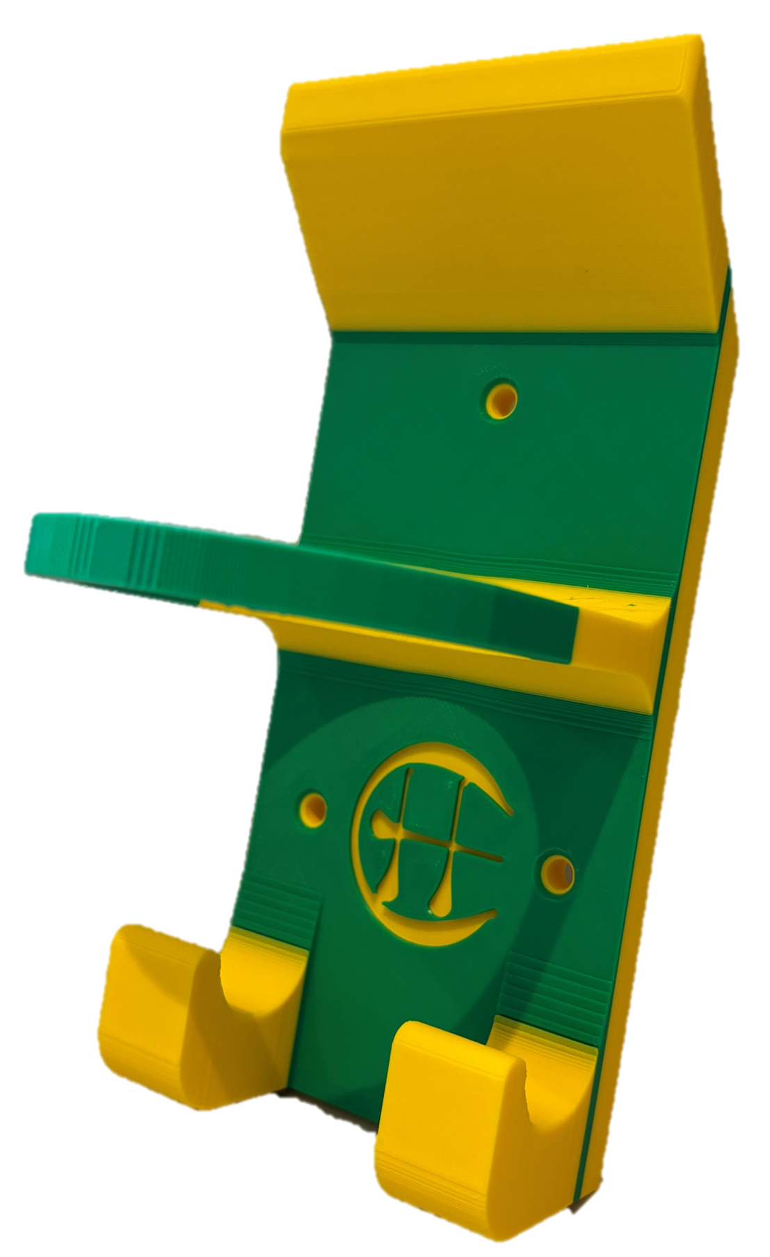 A yellow and green hurling holder with a logo cut into the design, featuring a helmet hook and a hurley hook and a sliotar holder.