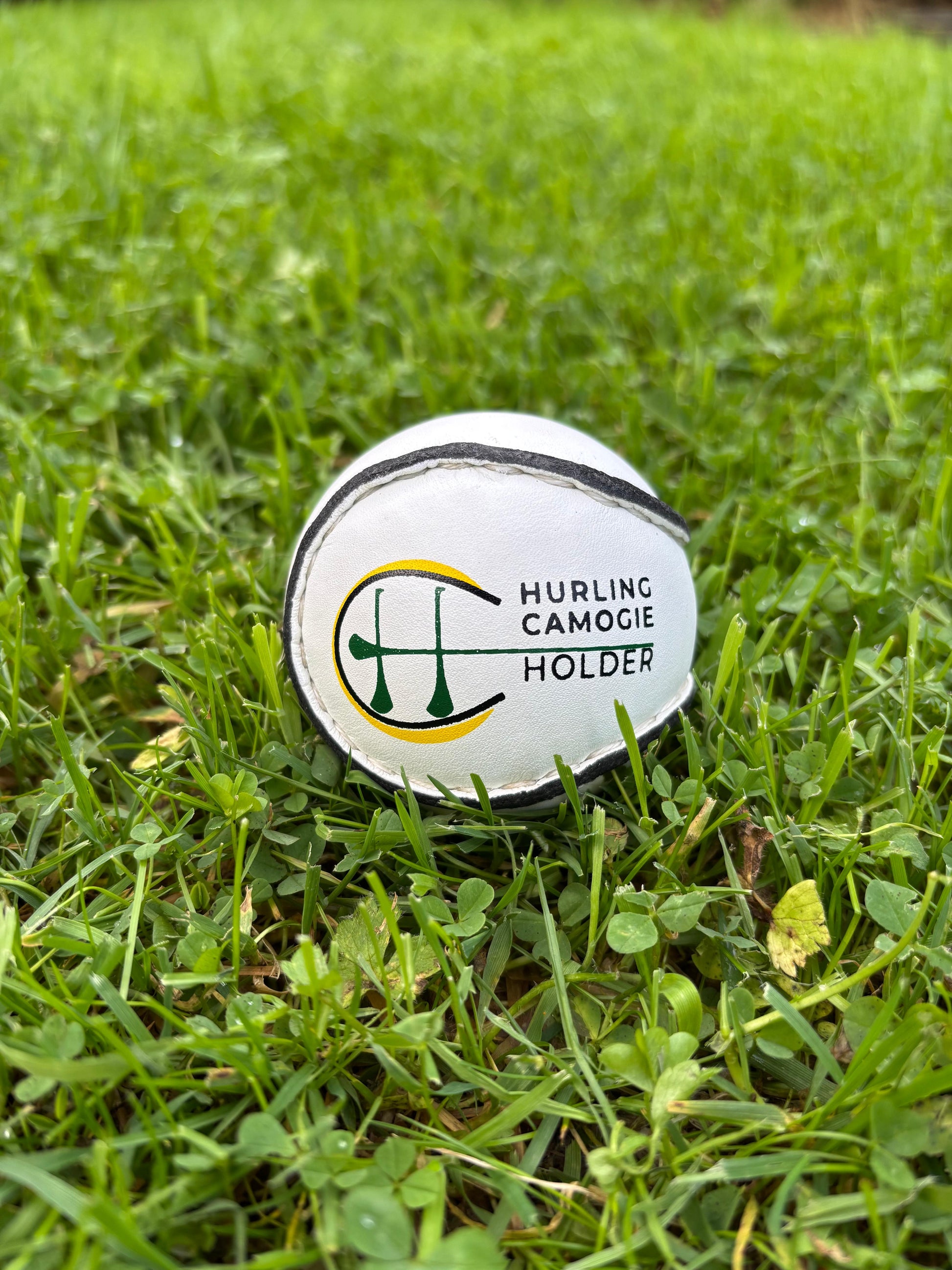 A white sliotar, which is a type of field hockey ball, lying on green grass next to a red and black hurling stick with a logo on the grip.